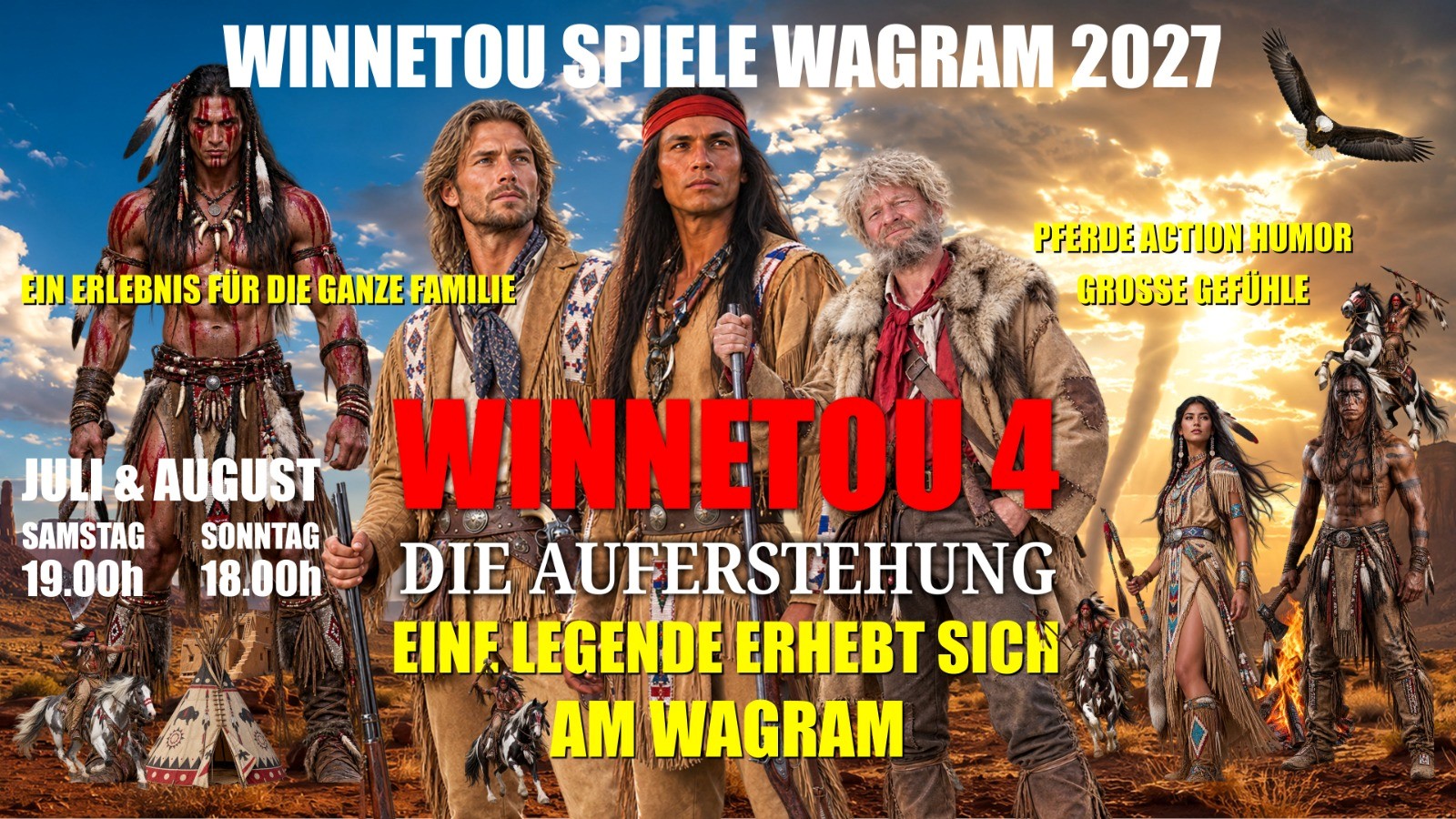 Winnetou 4 – Die Auferstehung · Winnetou-Spiele Wagram 2027 · Juli & August · Samstag 19.00 Uhr, Sonntag 18.00 Uhr · Arena Wagram